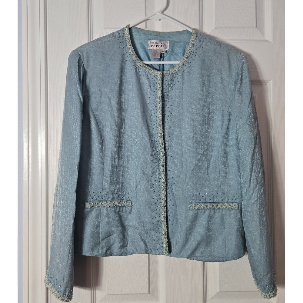 Adrianne Papell Womans Silk Short Blazer‎ Size 16 teal blue with Beading & Trim